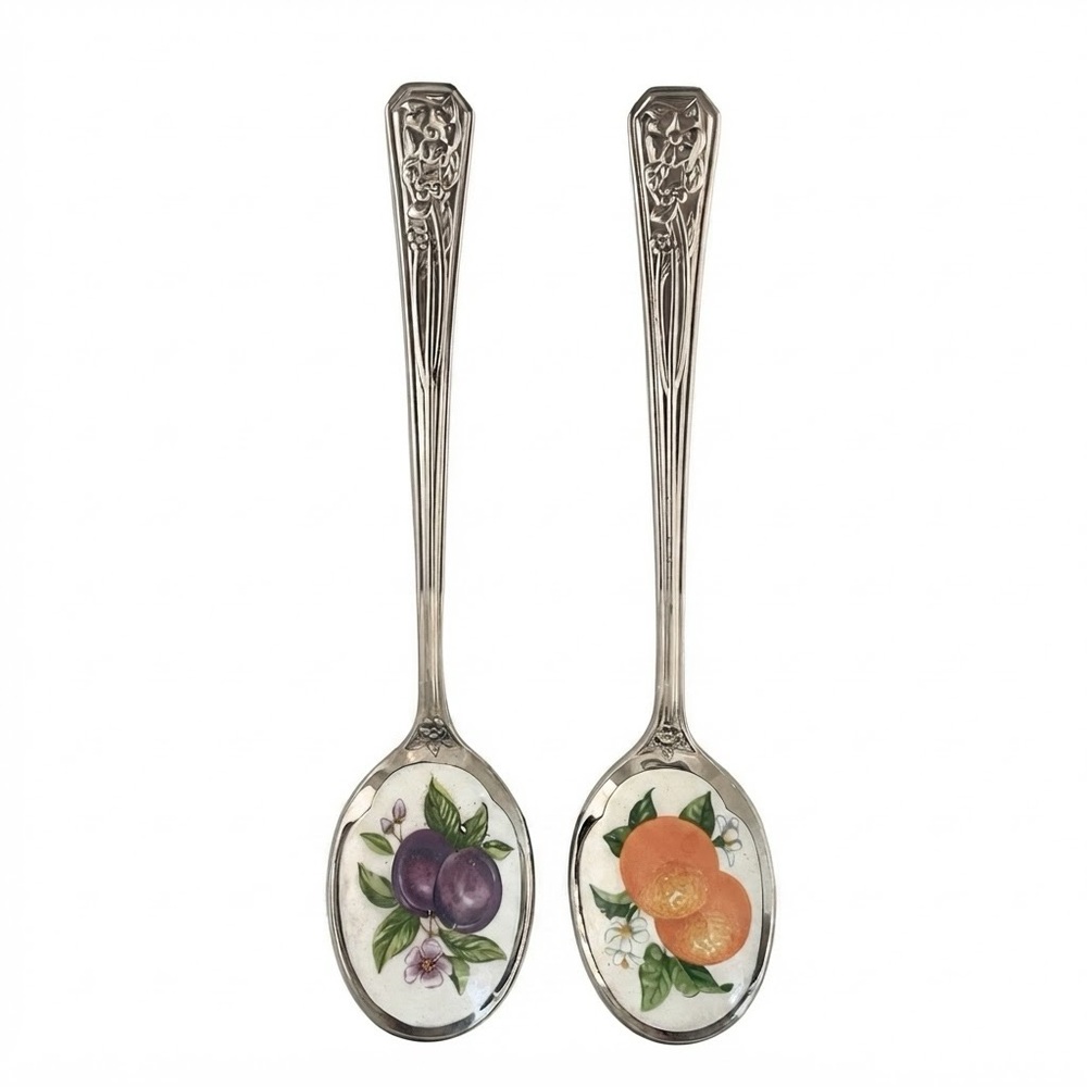 Vintage Cottagecore Fruit Enameled Spoon Set Oranges Plum Stainless Steel Japan